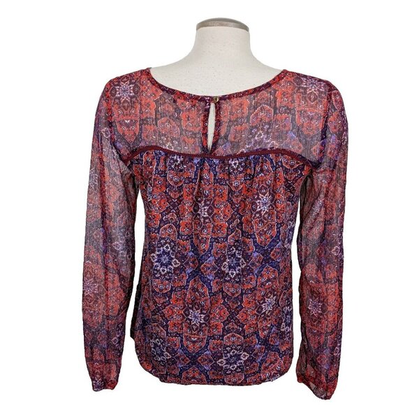Lucky Brand Semi Sheer Blouse Womens Small Red Batik Ethnic Boho Long Sleeve - Picture 2 of 4